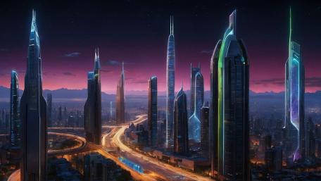 Neon Dusk Over the Futuristic Skyline of a Dream Metropolis wallpaper