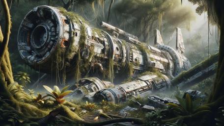 Verdant Ruins of a Forgotten Starship in the Jungle Mist wallpaper