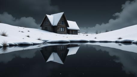 Silent Winter Cabin Reflected in a Glassy Snowbound Lake wallpaper