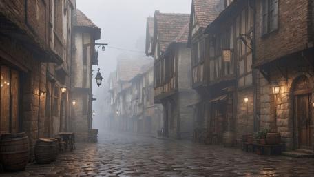 Misty Cobblestone Alley in an Old World Village Street 4K wallpaper