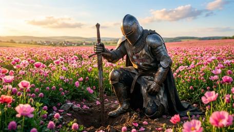 Kneeling Knight of Spring Aftermath in a Sea of Pink Blossoms wallpaper
