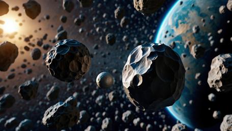 Drifting Through a Sunlit Asteroid Field Above a Blue Planet wallpaper