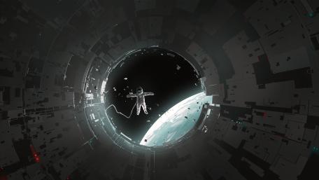 Drifting Astronaut Through a Cosmic Gate Above Frozen Worlds wallpaper