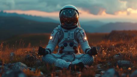 Cosmic Zen Astronaut Meditating in a Sunset Field wallpaper