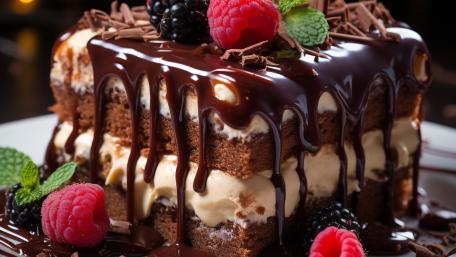 Decadent Chocolate Ganache Cake with Raspberries and Mint wallpaper