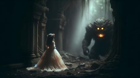 Little Princess Facing the Nightmare Beast in a Ruined Cathedral wallpaper