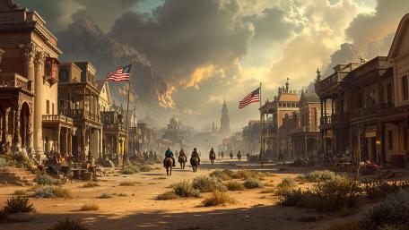 Sunlit Frontier Street in a Fantasy Old West Settlement wallpaper