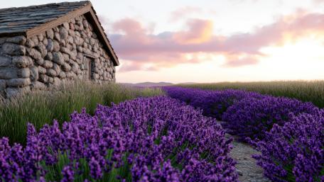 Sunset Serenity Over a Rustic Lavender Farm in the Countryside wallpaper