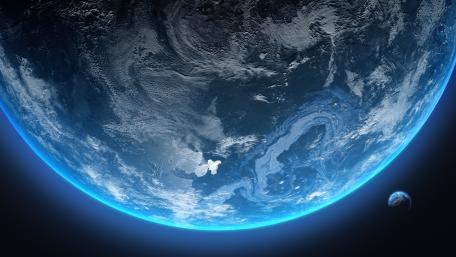 Blue Horizon Earthlike Planet and Distant Moon in Deep Space wallpaper