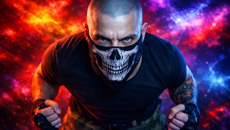 Skull Masked Warrior Charging Through Neon Cosmic Storms wallpaper