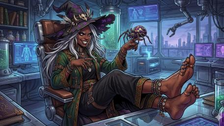 Silver Haired Cyberpunk Witch in Neon Lab Sanctuary wallpaper