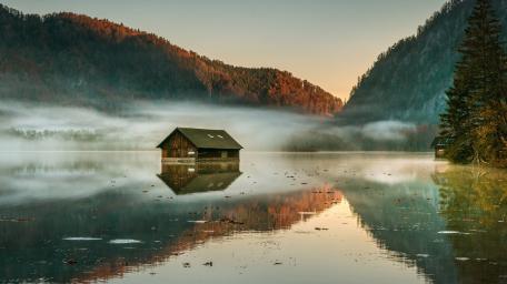 Misty Morning Reflections at Almsee Lake Austria Wilderness Retreat wallpaper