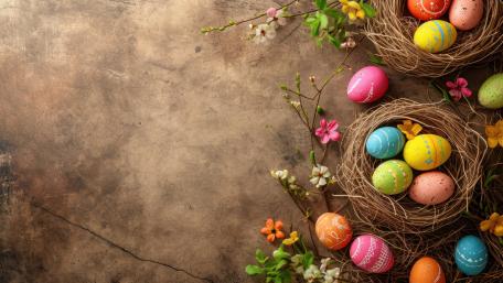 Springtime Easter Egg Nests on Rustic Background in Vibrant 5K wallpaper