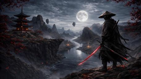 Moonlit Samurai Vigil Over Floating Mountains and Temple Sanctuary wallpaper