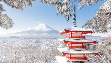 Snowy Chureito Pagoda Overlooking Mount Fuji in Winter wallpaper