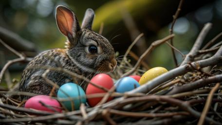 Woodland Easter Bunny Guarding Colorful Eggs in Spring Nest wallpaper