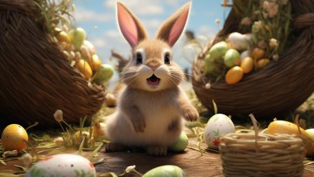 Joyful Easter Bunny Among Baskets of Pastel Eggs in Spring Glow wallpaper