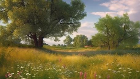 Sunlit Meadow Reverie in a Fantasy Pasture Landscape wallpaper