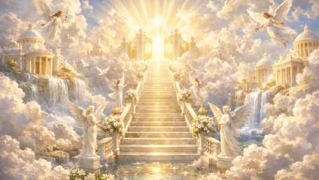 Stairway to Celestial Gates Among Radiant Angels and Golden Clouds wallpaper
