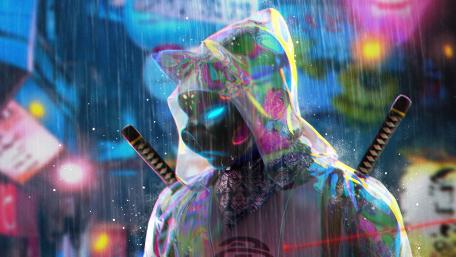 Neon Pig Faced Warrior in Cyberpunk Rainlit Cityscape 4K wallpaper