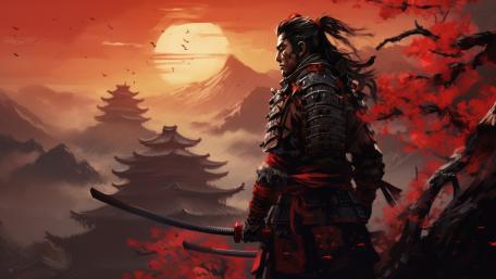Crimson Ronin at Dusk Beneath the Mountain Sun wallpaper