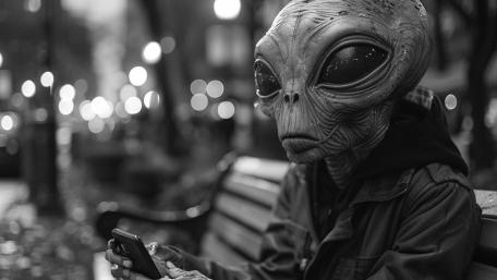 Monochrome Alien Texting on a Park Bench After Dark wallpaper