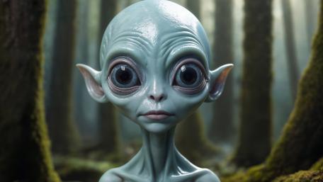 Wide Eyed Alien Wanderer in a Misty Forest Realm wallpaper