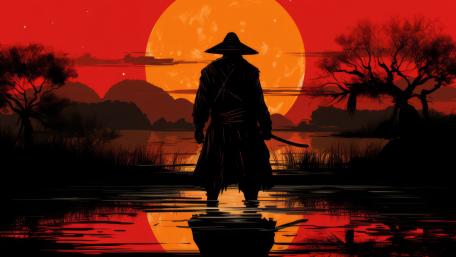 Crimson Dusk Ronin Walking the Silent Marsh wallpaper