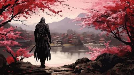 Crimson Sakura Wayfarer Over Misty Lake and Silent Pagodas wallpaper