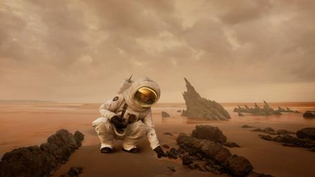 Lone Astronaut Exploring Silent Mars Desert in Golden 5K wallpaper