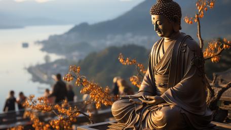 Golden Buddha Meditation Overlook Above Misty Coastal Temple wallpaper