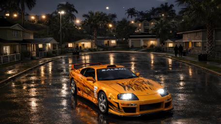 Neon Rain Reflections on a Yellow Street Racing Icon wallpaper