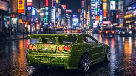 Neon Rain Nights with a Green Nissan Skyline GT-R wallpaper