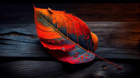 Crimson Autumn Leaf Close Up on Dark Wood Texture wallpaper