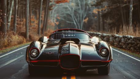 Midnight Convertible Supercar on an Autumn Forest Road in 5K wallpaper