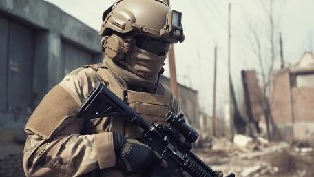 Silent Sentinel in Desert Gear Tactical Soldier 5K Wallpaper wallpaper
