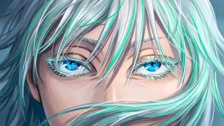 Icy Bangs and Sapphire Gaze Anime Portrait in 5K wallpaper