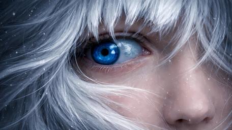 Frozen Azure Gaze Beneath Silver Hair wallpaper