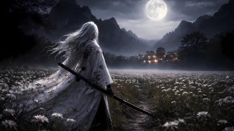 Moonlit Ronin in a Foggy Valley of Silent Flowers wallpaper