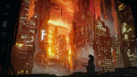 Sunset Over Neon Ruins Cat Sentinel in a Dystopian Megacity wallpaper