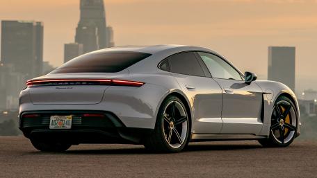 Porsche Taycan Skyline Sunset Rear View Performance Wallpaper wallpaper