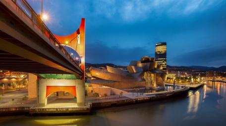 La Salve Bridge at Dusk Over Bilbao River Cityscape wallpaper