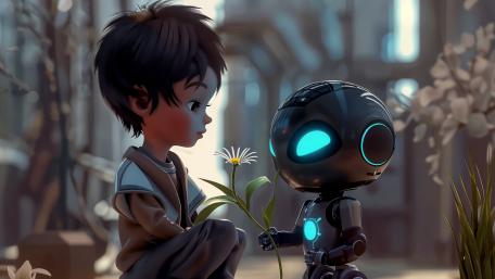 Neon Heart Robots and a Little Boy in Quiet Future Alley wallpaper