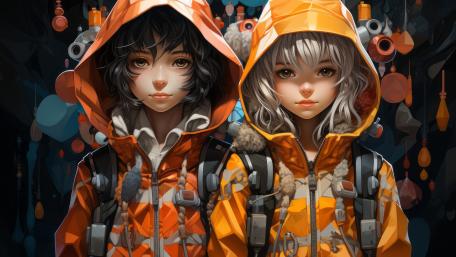 Hoodie Duo Anime Girls in 5K Urban Night Glow wallpaper