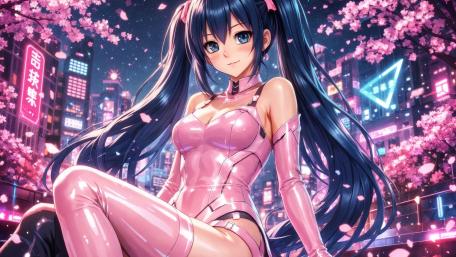 Neon Sakura Dreamscape Cyberpunk Manga Girl in Pink Hues wallpaper