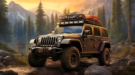 Sunrise Overland Jeep in Alpine Wilderness 4K AI Wallpaper wallpaper