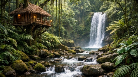 Rainforest Treehouse Retreat Beside a Hidden Waterfall Stream wallpaper