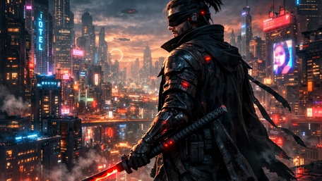 Neon Veil Samurai Overlooking the Cyberpunk Megapolis at Dusk wallpaper