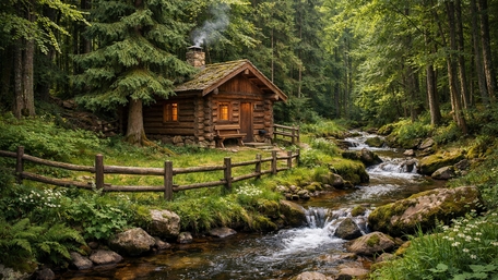 Cozy Log Cabin by a Creek in Dense Fir Forest wallpaper