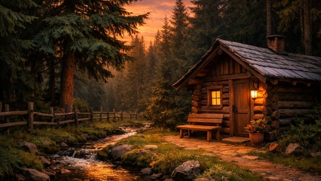 Twilight Creekside Log Cabin in a Dense Pine Forest wallpaper